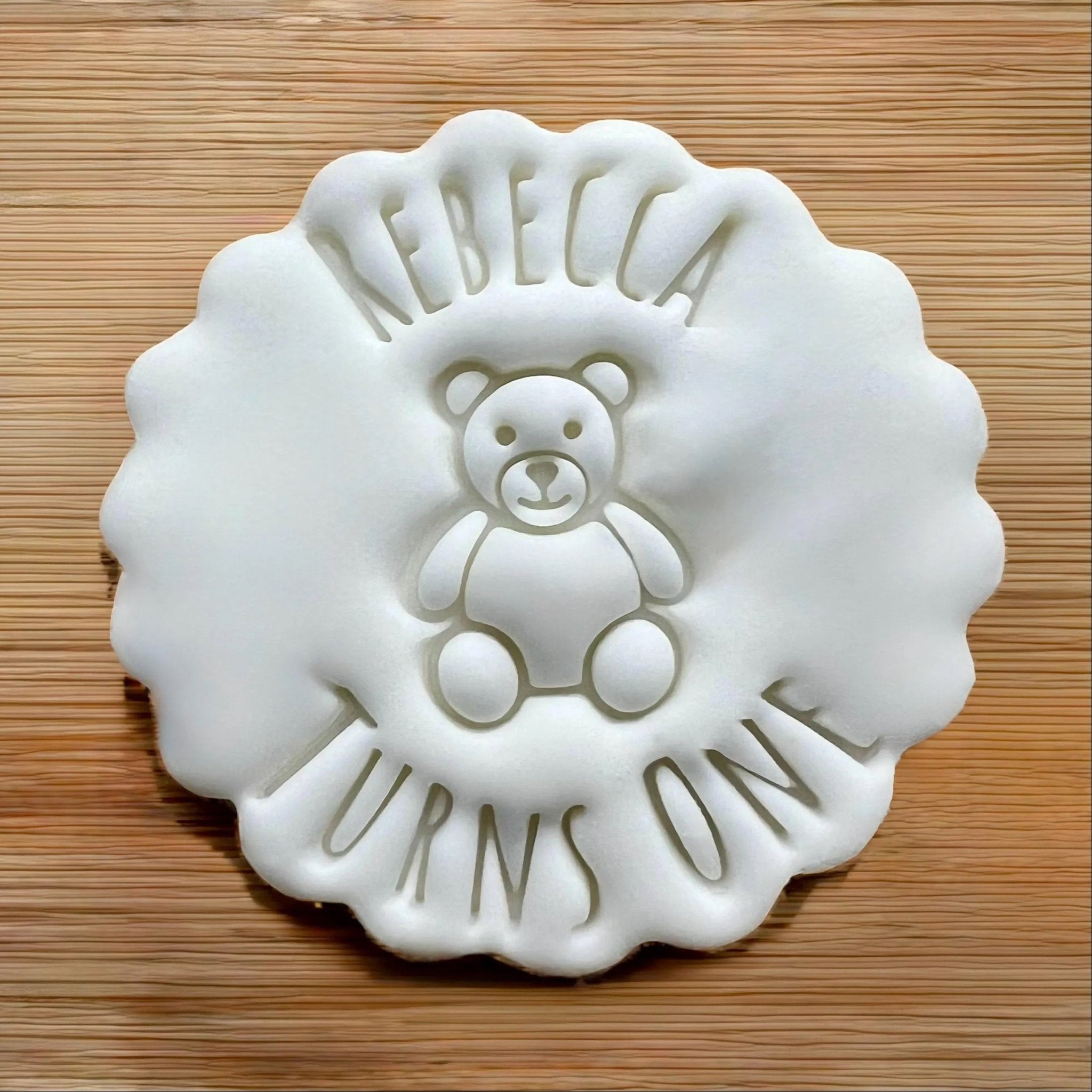 Custom Name Age With Bear Cookie Stamp, Personalised Birthday Fondant Embosser Stencil, M&S All Butter Biscuit Favour Stamp - Embosser Boutique