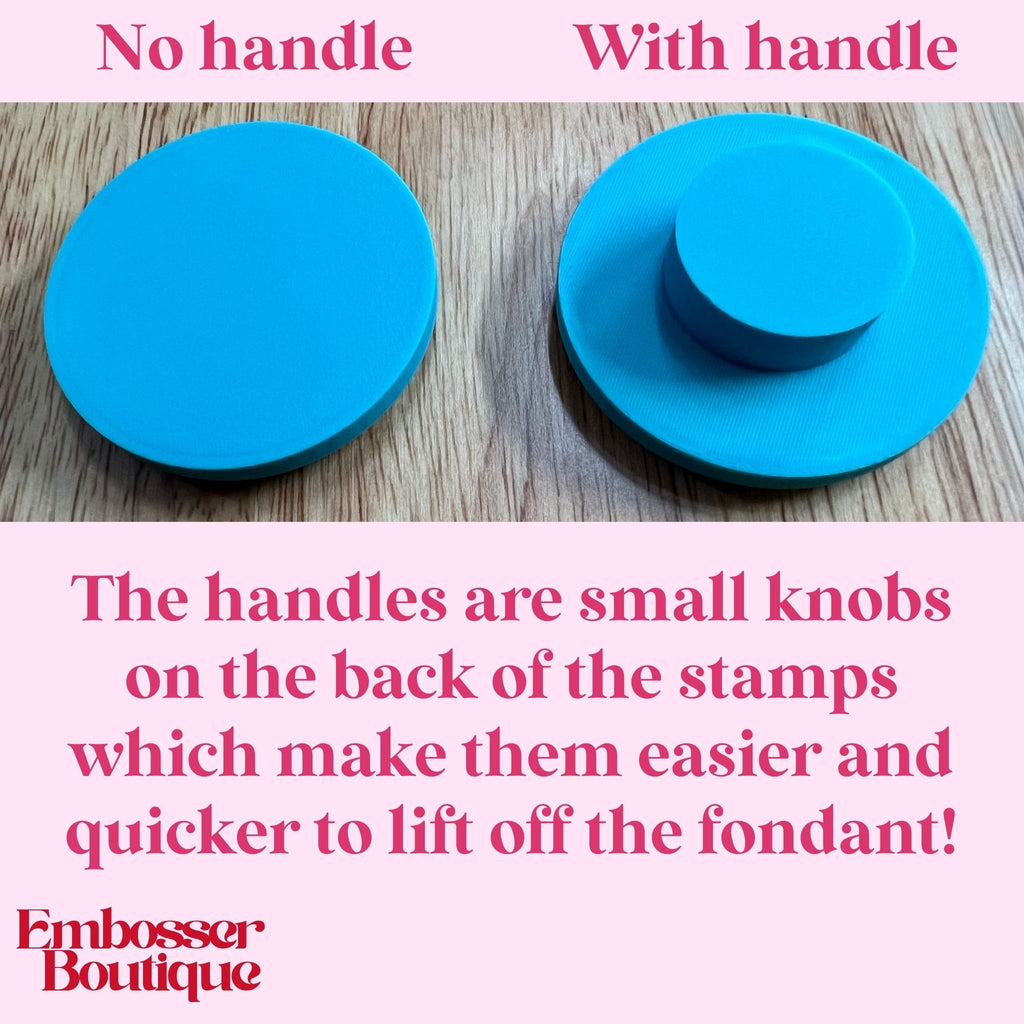 Two blue stamps, one with a handle and one without, on a wooden surface with text explaining handles' benefits - Embosser Boutique