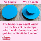 Two blue stamps, one with a handle and one without, on a wooden surface with text explaining handles' benefits - Embosser Boutique