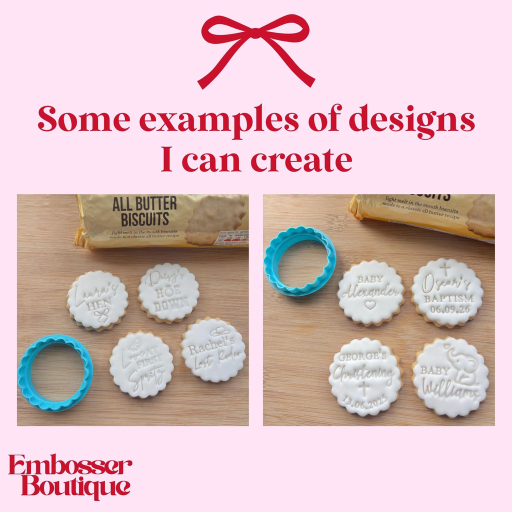 Embossing stamps and cookies with personalised text on a wooden surface, featuring the Embosser Boutique brand.