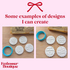 Embossing stamps and cookies with personalised text on a wooden surface, featuring the Embosser Boutique brand.