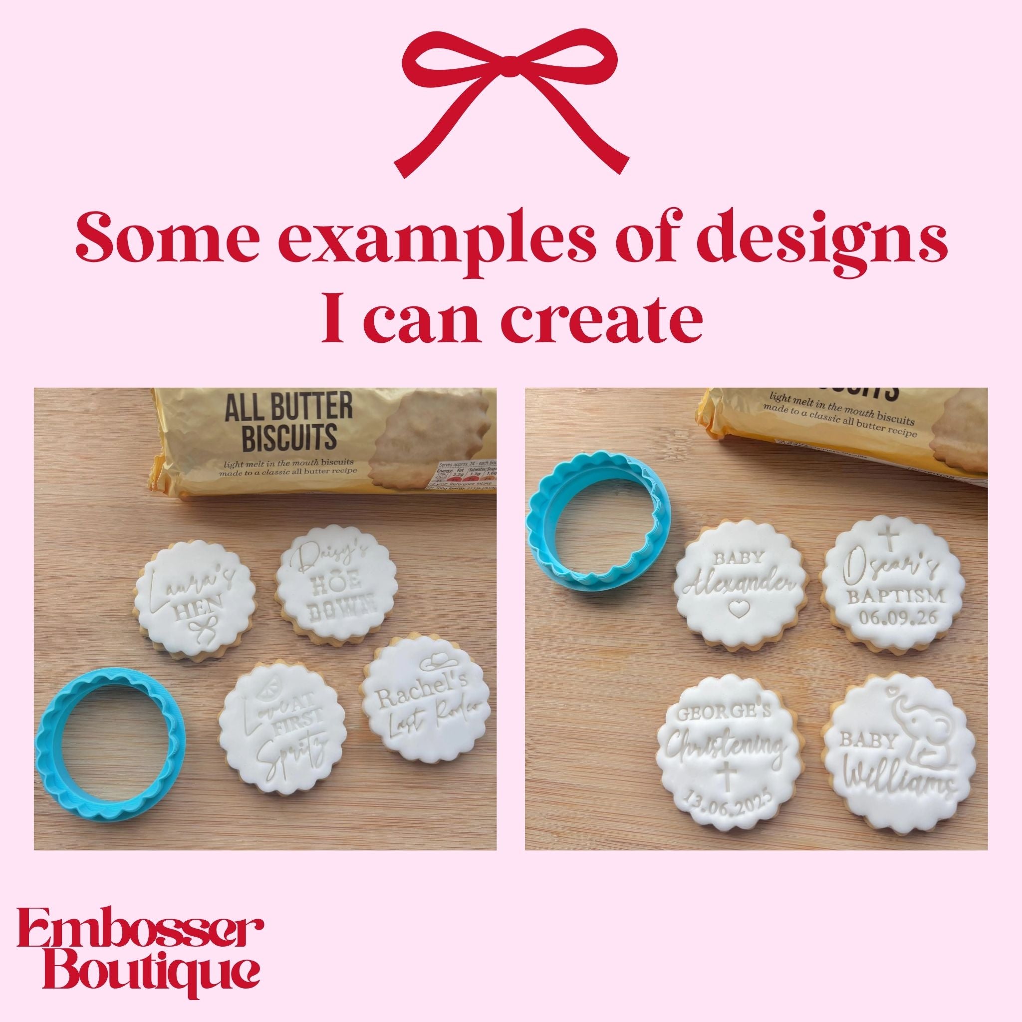 Embossing stamps and cookies with personalised text on a wooden surface, featuring the Embosser Boutique brand.