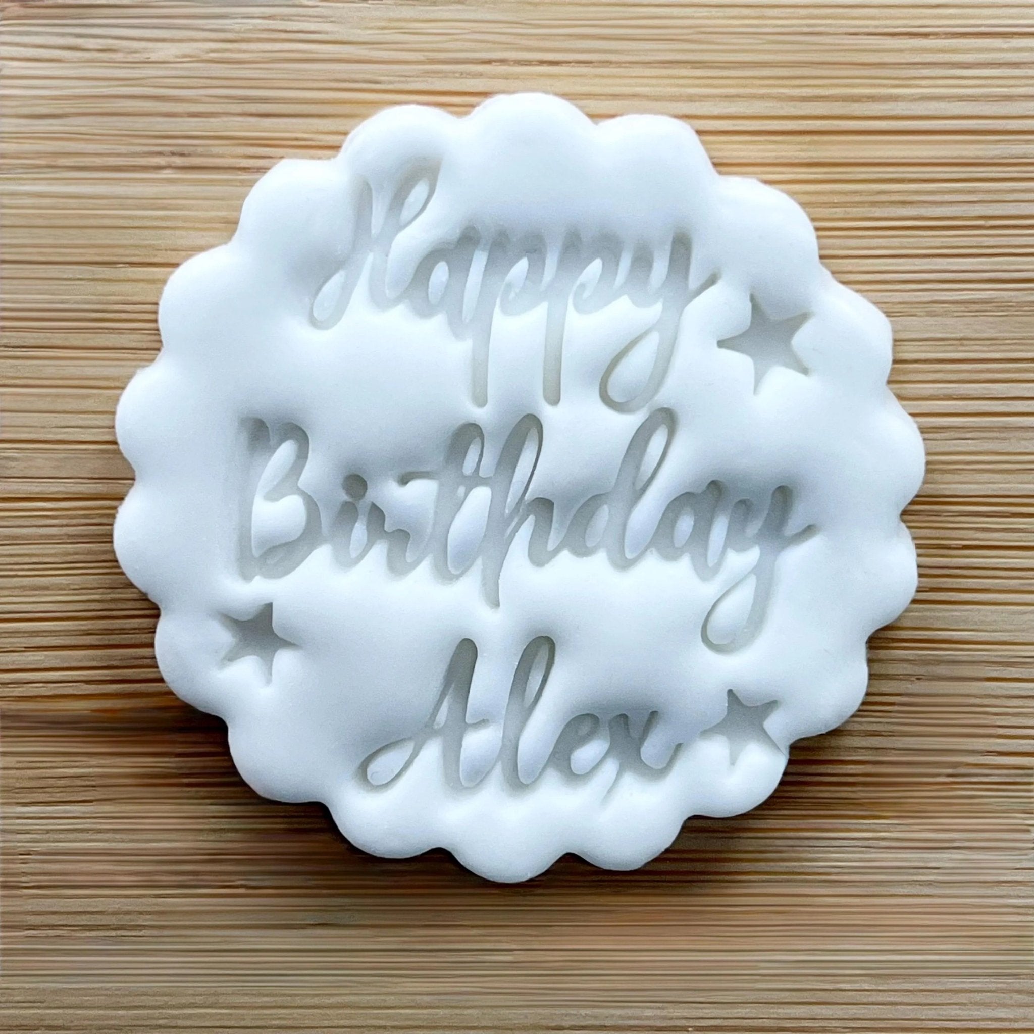 Custom Name Happy Birthday Cookie Stamp With Hearts or Stars, Personalised Birthday Fondant Embosser Stencil, M&S All Butter Biscuit Favour Stamp - Embosser Boutique