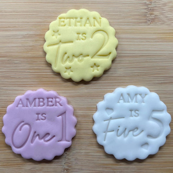 Custom Name Age Cookie Stamp With Hearts or Stars, Personalised Birthday Fondant Embosser Stencil, M&S All Butter Biscuit Favour Stamp - Embosser Boutique