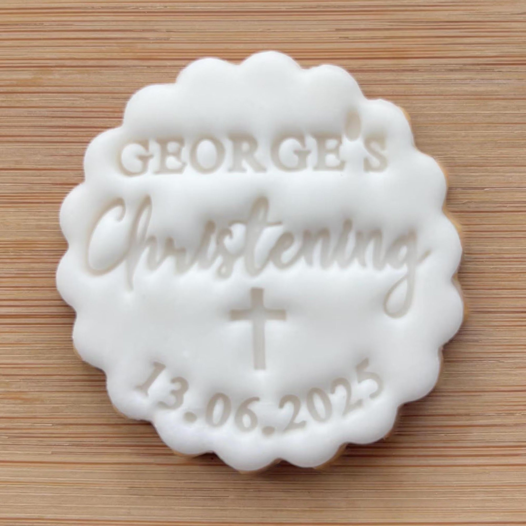 Custom Name and Date Christening Cookie Stamp With Cross, Personalised Baptism Fondant Embosser Stencil, M&S All Butter Biscuit Favour Stamp - Embosser Boutique