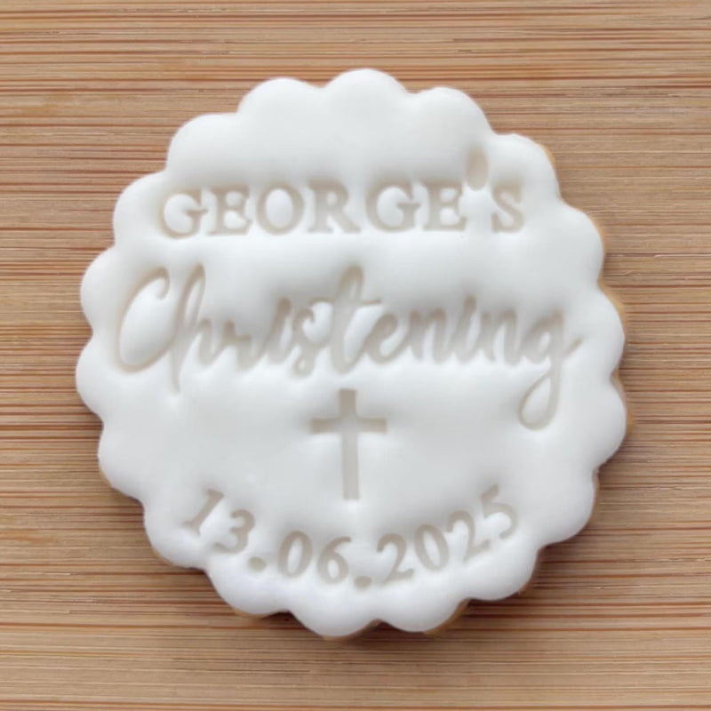 Custom Name and Date Christening Cookie Stamp With Cross, Personalised Baptism Fondant Embosser Stencil, M&S All Butter Biscuit Favour Stamp - Embosser Boutique