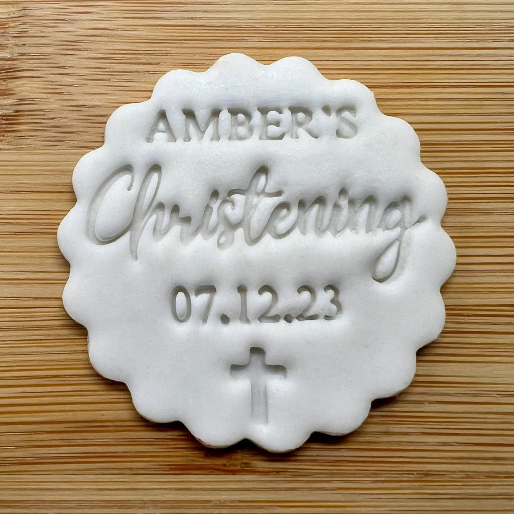 Custom Name and Date Christening Cookie Stamp With Cross, Personalised Baptism Fondant Embosser Stencil, M&S All Butter Biscuit Favour Stamp - Embosser Boutique