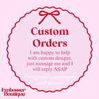 Message from Embosser Boutique about custom orders on a pink background