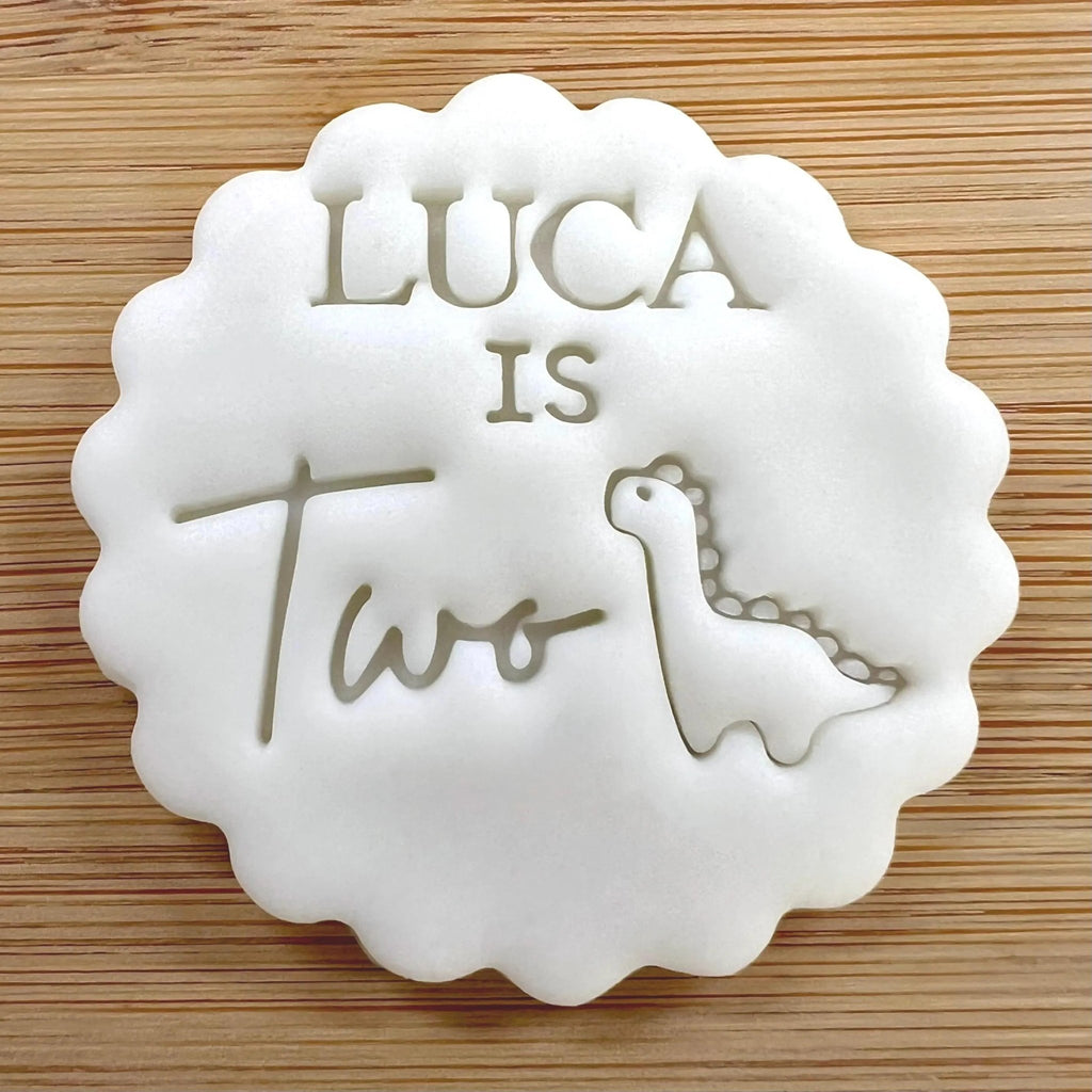 Custom Name Age With Dinosaur Cookie Stamp, Personalised Birthday Fondant Embosser Stencil, M&S All Butter Biscuit Favour Stamp - Embosser Boutique