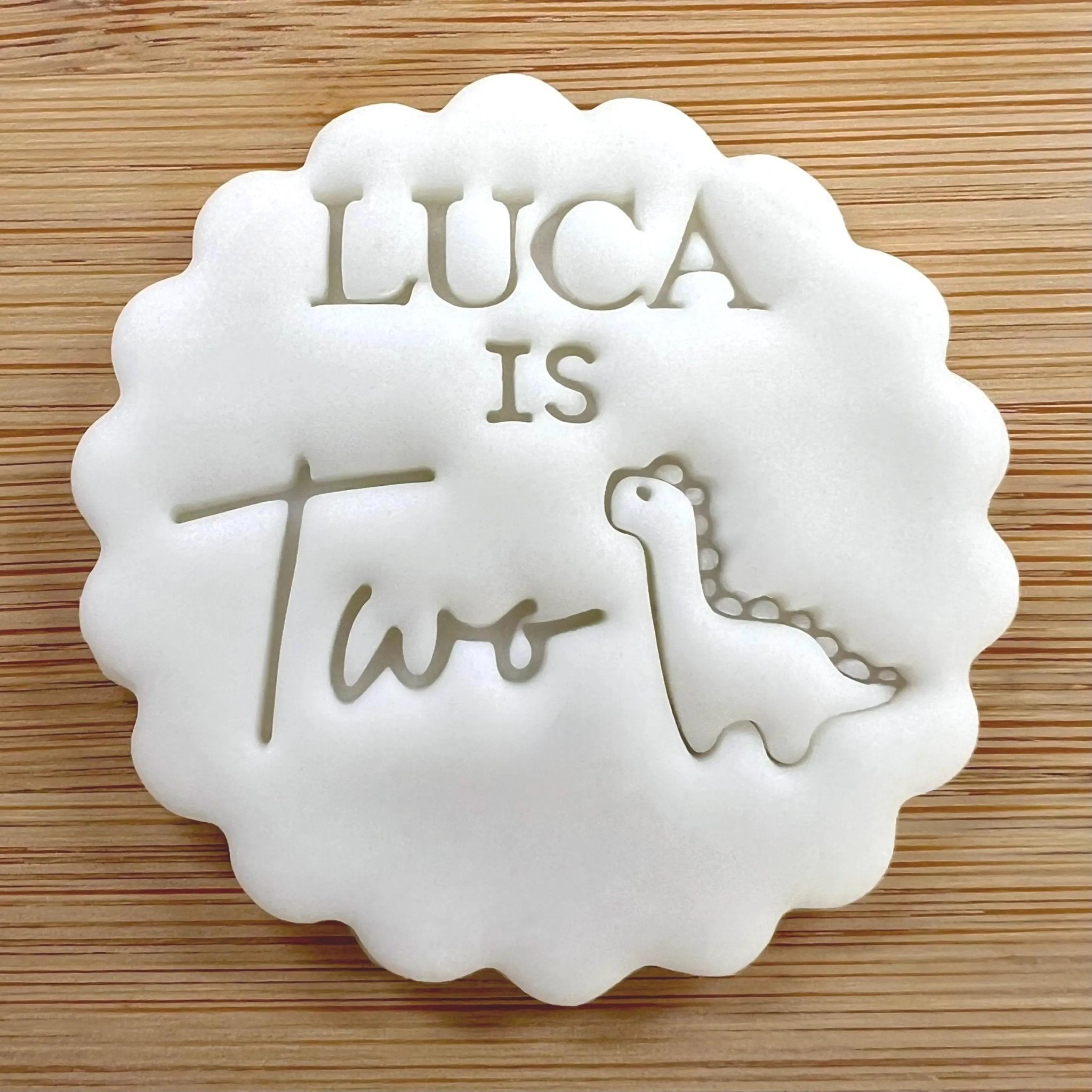 Custom Name Age With Dinosaur Cookie Stamp, Personalised Birthday Fondant Embosser Stencil, M&S All Butter Biscuit Favour Stamp - Embosser Boutique