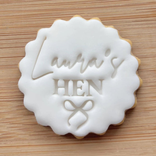 Custom Name Hen With Bow Cookie Stamp, Personalised Hen Do Fondant Embosser Stencil, M&S All Butter Biscuit Favour Stamp - Embosser Boutique