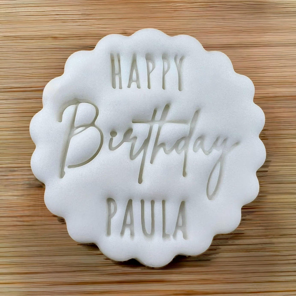 Custom Name Happy Birthday Cookie Stamp, Personalised Birthday Fondant Embosser Stencil, M&S All Butter Biscuit Favour Stamp - Embosser Boutique