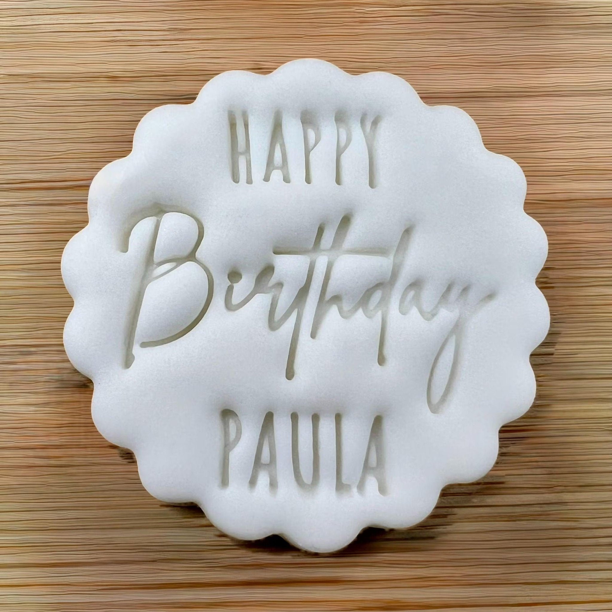 Custom Name Happy Birthday Cookie Stamp, Personalised Birthday Fondant Embosser Stencil, M&S All Butter Biscuit Favour Stamp - Embosser Boutique