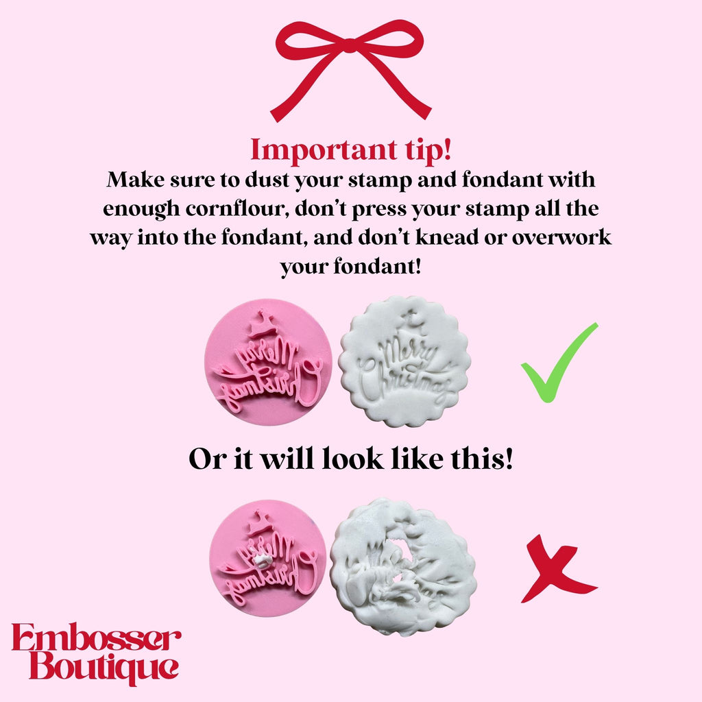 Instructional graphic from Embosser Boutique on using stamps with fondant, showing correct and incorrect methods.