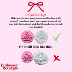 Instructional graphic from Embosser Boutique on using stamps with fondant, showing correct and incorrect methods.