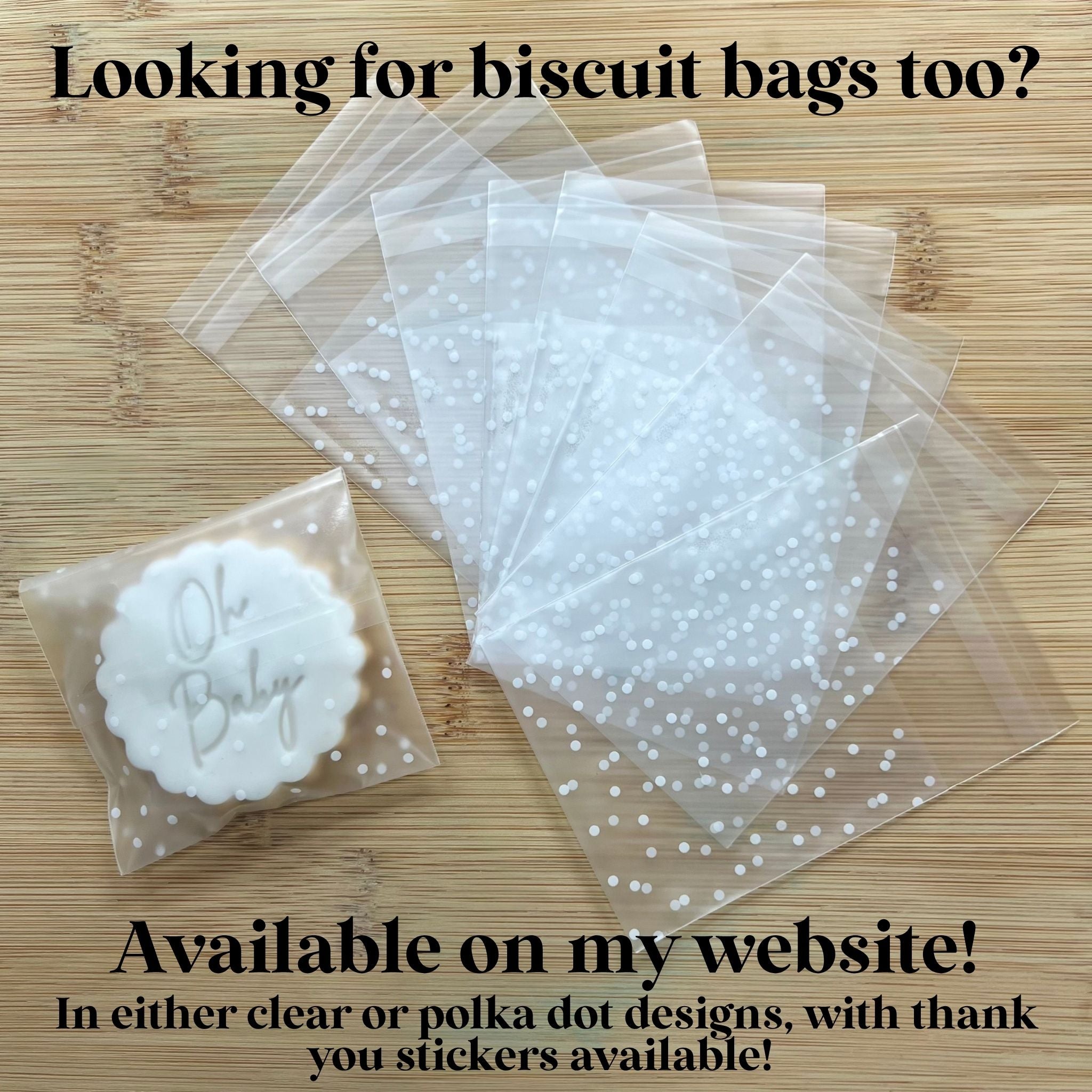 Clear and polka dot designs on a wooden surface with text about availability on a website by Embosser Boutique