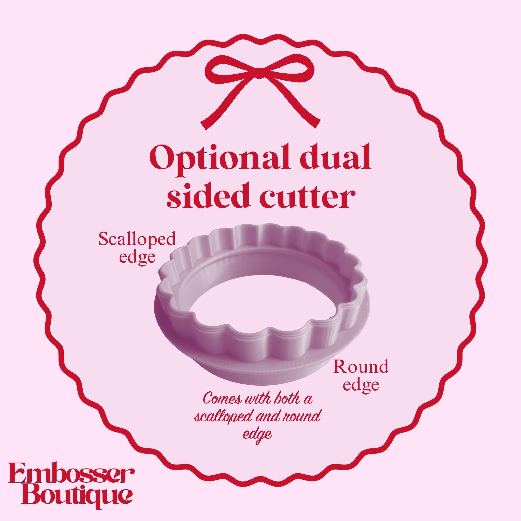 Information about dual sided cookie cutters on a pink background by Embosser Boutique