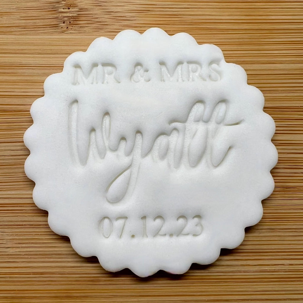 Custom Wedding Mr & Mrs Surname With Date Cookie Stamp, Personalised Fondant Embosser Stencil, M&S All Butter Biscuit Favour Stamp - Embosser Boutique