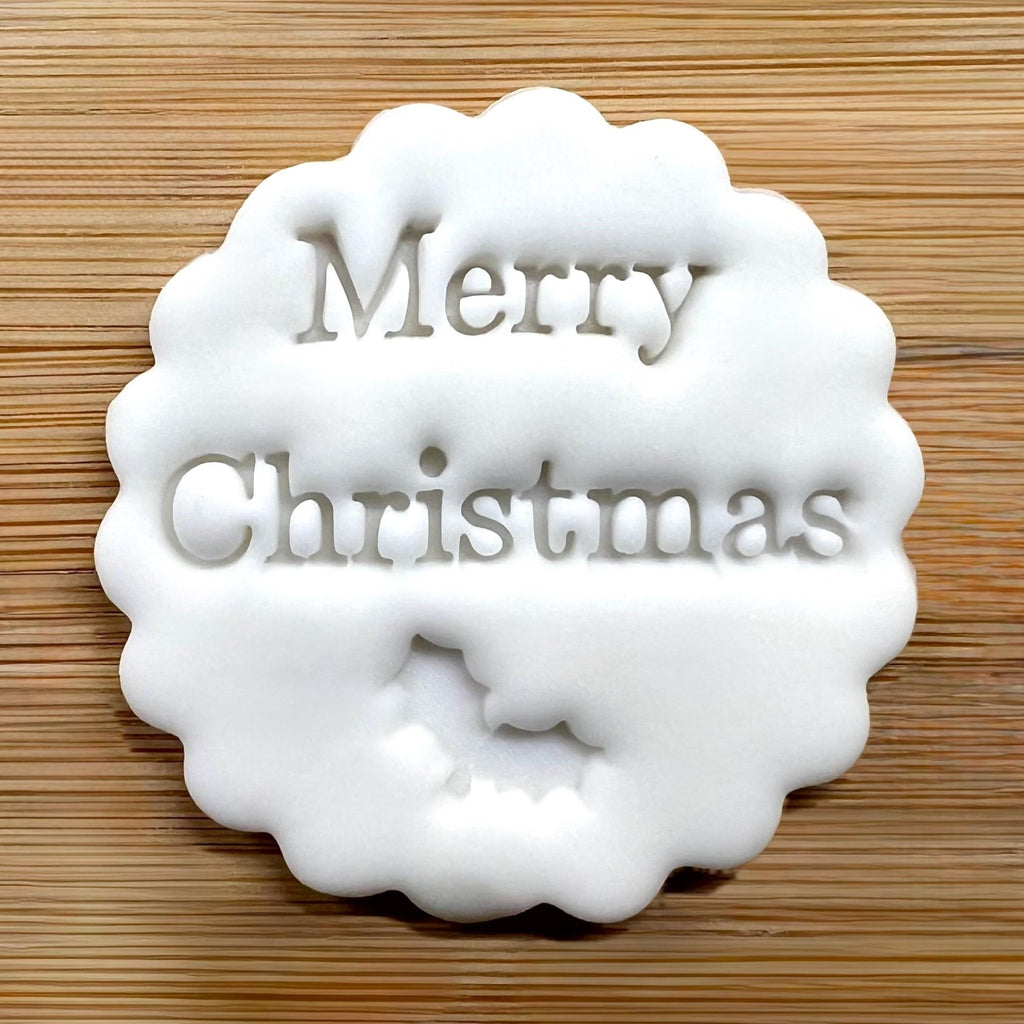 Merry Christmas Cookie Stamp With Holly, Festive Fondant Embosser Stencil, M&S All Butter Biscuit Favour Stamp - Embosser Boutique