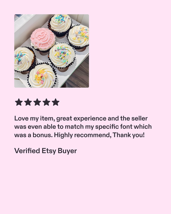 Cupcakes with decorative icing in a box on a pink background, featuring a five-star rating and customer review.