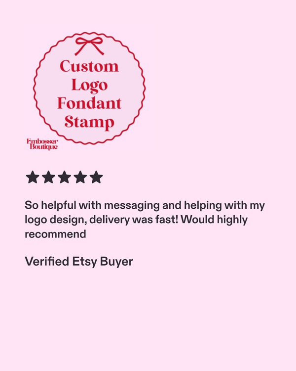 Review of a custom logo fondant stamp with a five-star rating on a pink background.