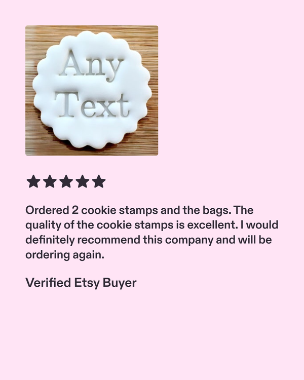 Cookie stamp with 'Any Text' on a wooden board, surrounded by five-star review text.