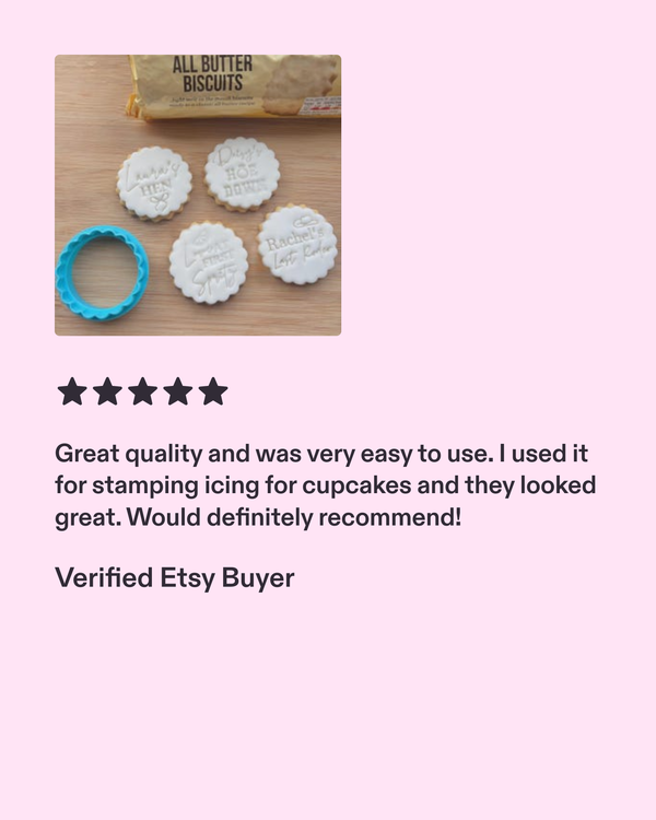 Biscuit cutters with cookies on a wooden board and a five-star review from a verified Etsy buyer.