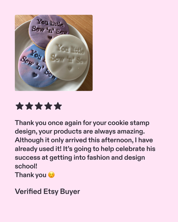 Three cookies stamped with text on a plate, surrounded by a five-star review from a verified Etsy buyer.