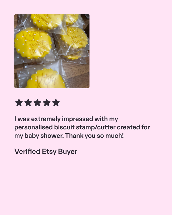 Personalised biscuit stamp/cutter with five-star review on a pink background