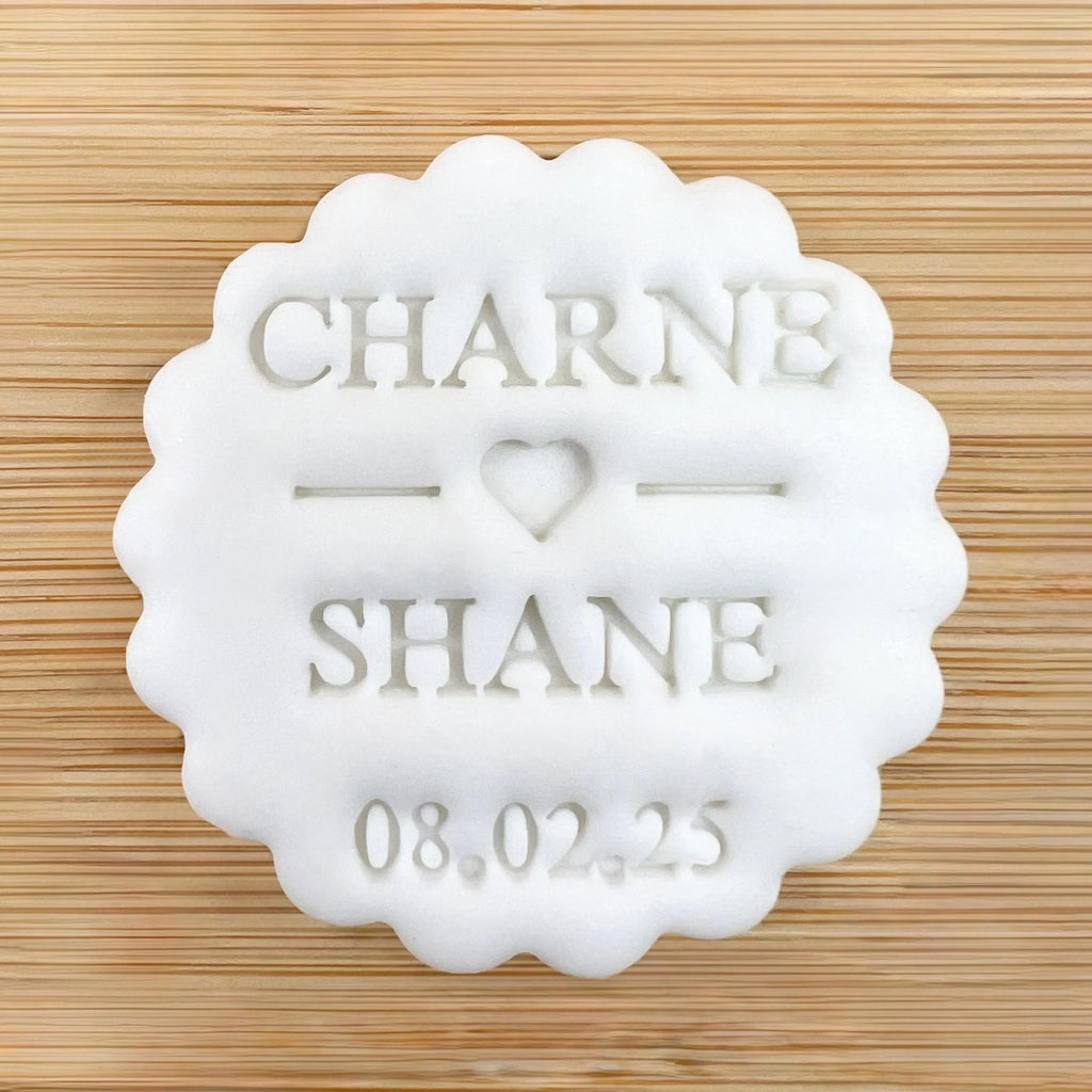 Custom Wedding Names and Date With Heart Cookie Stamp, Personalised Fondant Embosser Stencil, M&S All Butter Biscuit Favour Stamp - Embosser Boutique