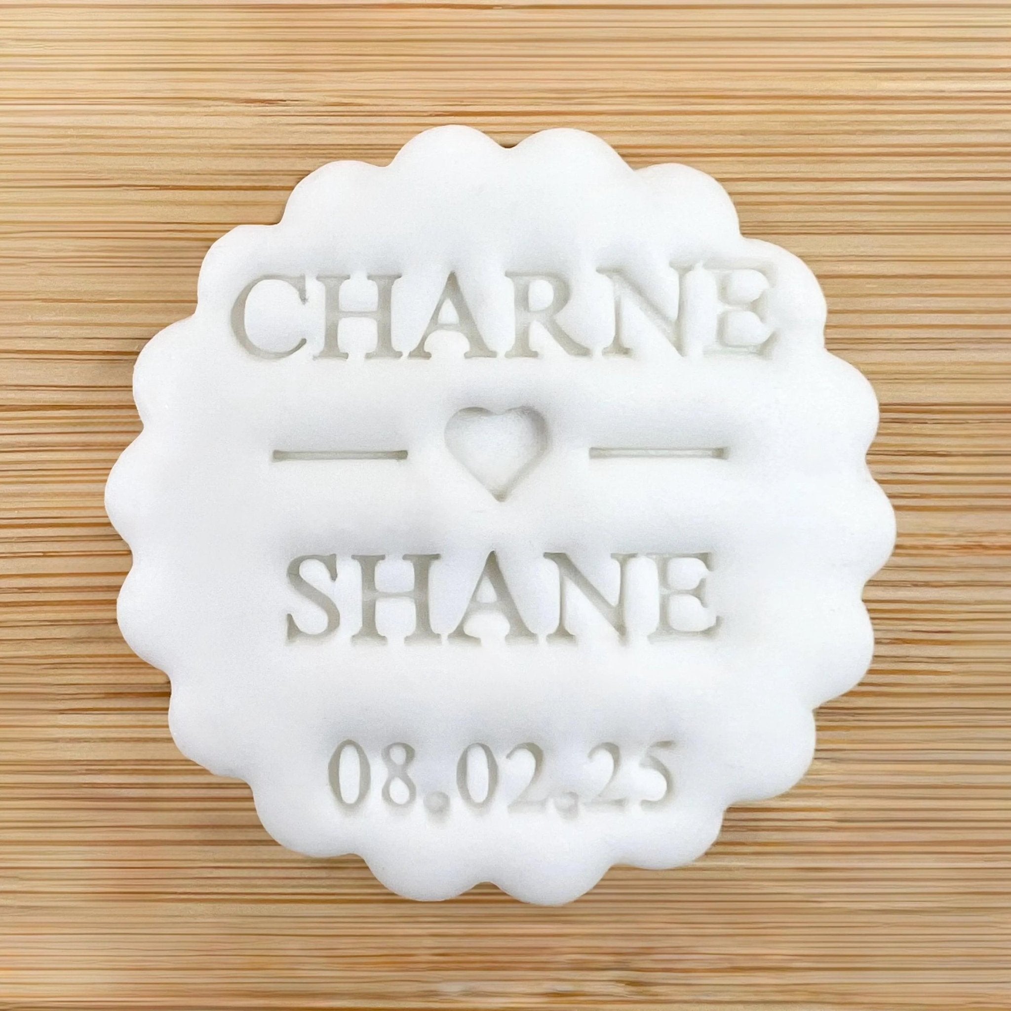Custom Wedding Names and Date With Heart Cookie Stamp, Personalised Fondant Embosser Stencil, M&S All Butter Biscuit Favour Stamp - Embosser Boutique